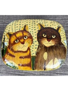 Vintage Papier Mache Cat Trinket Box Hand Painted Folk Art Jewelry Box India